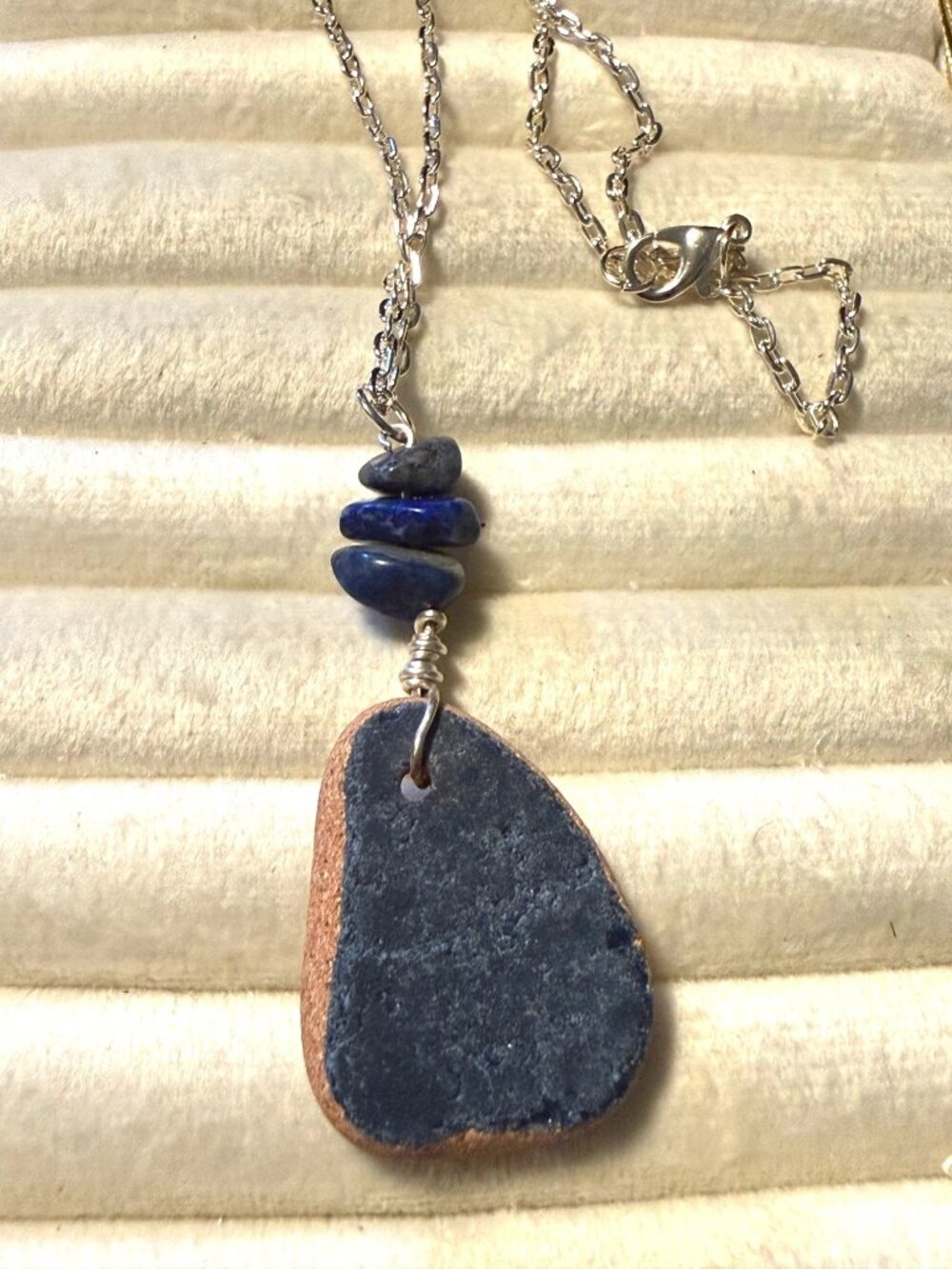 Barcelona Midnight – Beach-Found Pottery & Lapis Stone Necklace